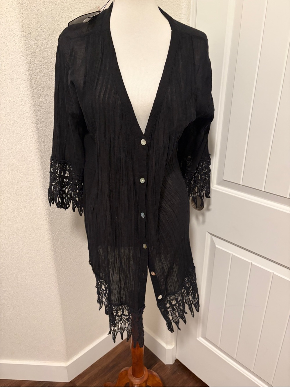 Sheer Black Button-Front Crochet Trim Kimono